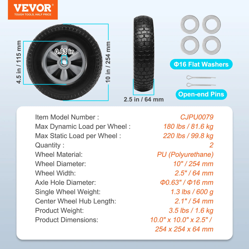 SucceBuy 2-Pack Solid PU Run-Flat Tire Wheel 10" 
Flat Free Tubeless Tires and Wheels for Dollies Garden Trailers Various Carts