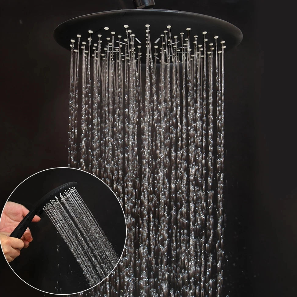 ZAPPO Matte Black Bathroom Shower Set 8 inch Rainfall , Wall Mounted 3-4 Function System & ABS Shelf