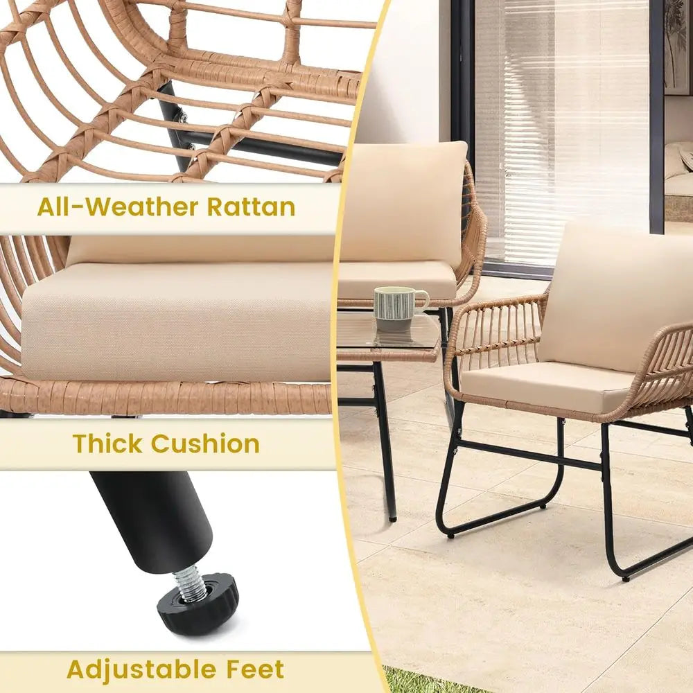 4 Piece Patio Bistro Outdoor Furniture Set,   
Wicker Sofa,  2 Rattan Chairs, and Table, Backyard Conversation Set, All Weather