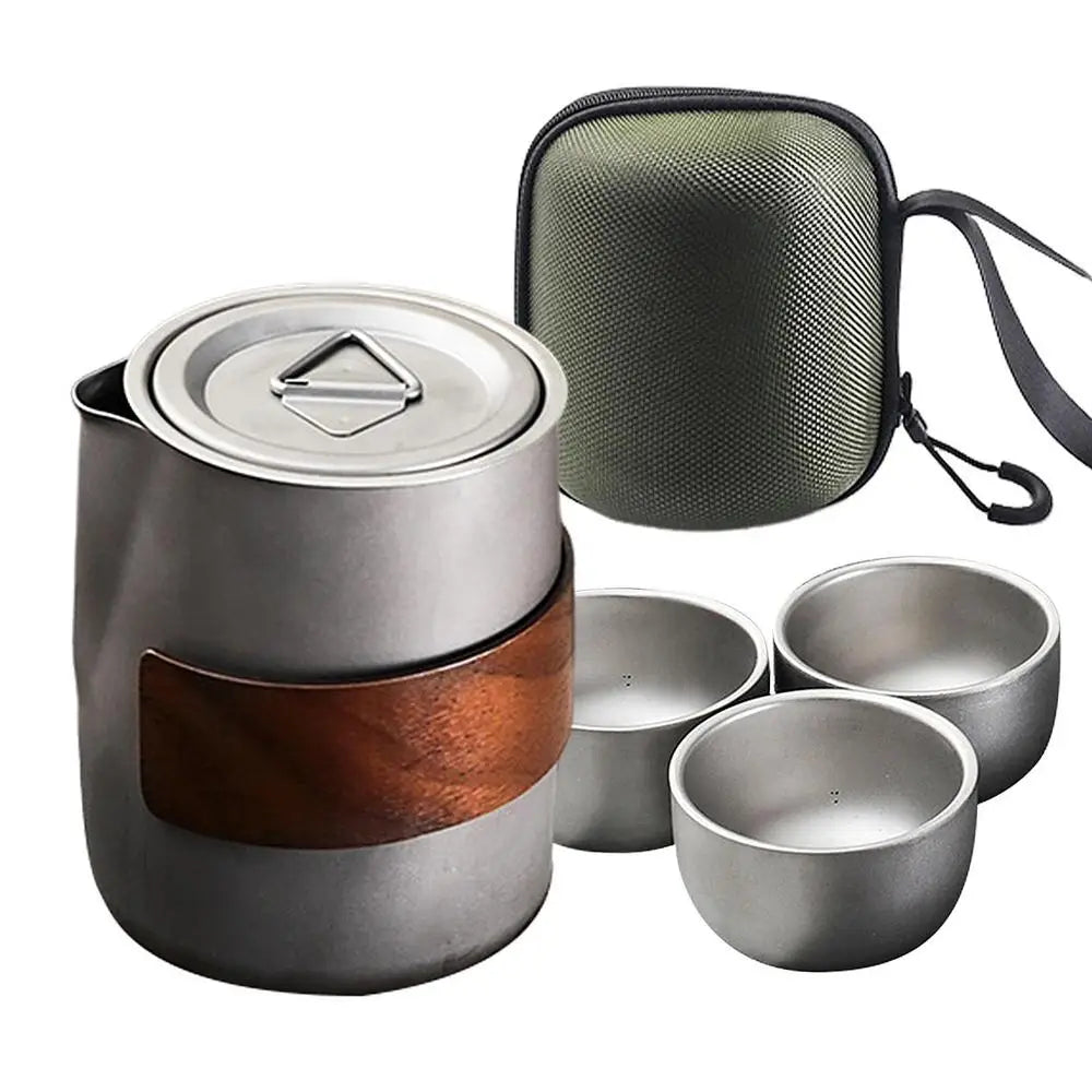 Camping Tableware Set 
Lightweight Titanium Coffee Pot Tea Kettle
 Outdoor Camping Kettle Set 3 Cups Tea Set For Hiking Picnic