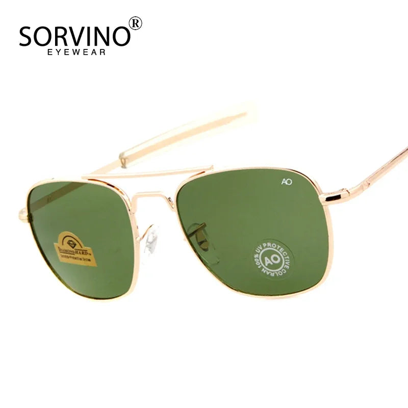 Retro Green AO Pilot Sunglasses 
Luxury Brand Designer Male,   American Army Military Optical Glass Lens Shades Eyewear