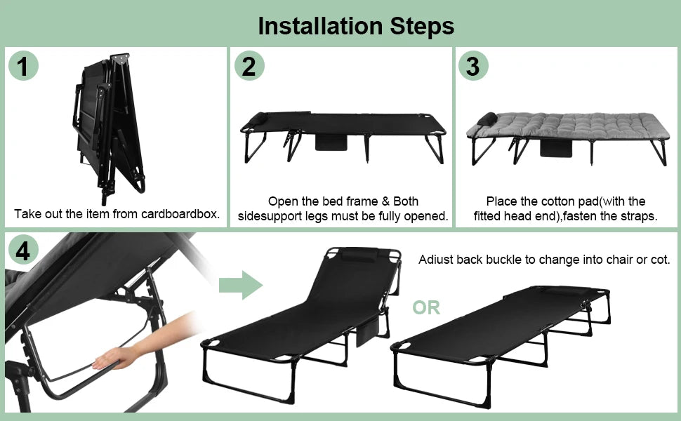 Portable Folding Camping Cot -
3-Position Adjustable Reclining Lounge Chair
 with Pillow, Outdoor Sleeping Bed (68cm Wide)