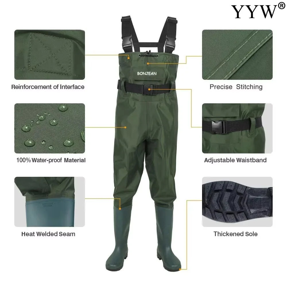 Waterproof Fishing Waders . Chest-Length 
With Boots.
Durable Breathable Overalls Kit for Men Women Outdoor Raft Hunting
