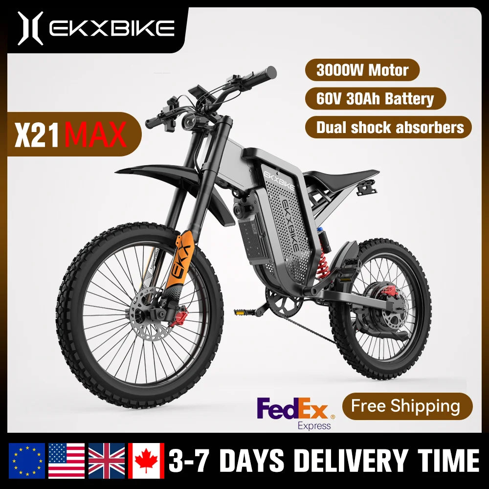 EKX X21 Max Electric cycle
3000W Brushless Gearless Motors
 60V30AH Lithium Battery Speed 85Kmh Adult Off Road Ebike