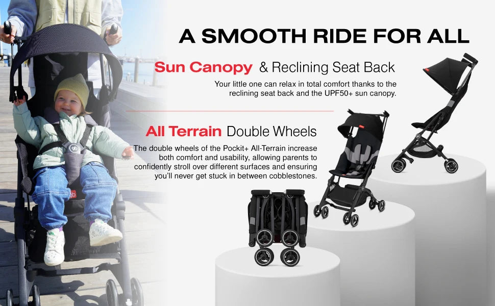 All-Terrain, Ultra Compact Lightweight Travel Stroller with Canopy and Reclining Seat in Velvet Black