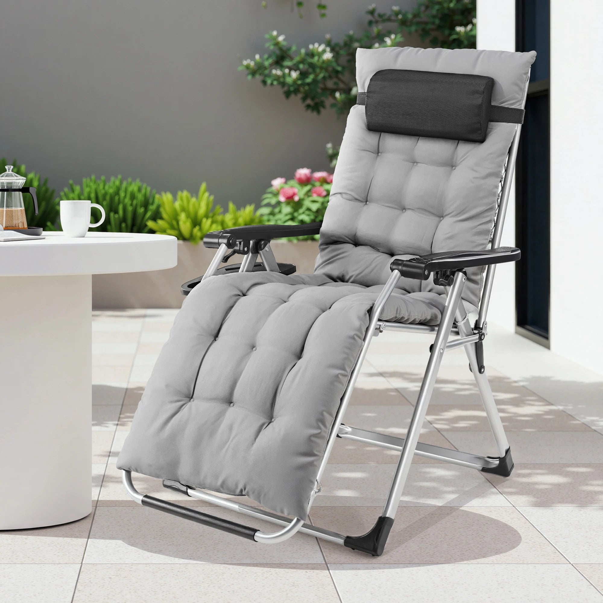 Zero Gravity Set of 2 Portable Recliners
Camping ,Patio , Outdoor Garden Lounge Chair with Cup Holder ,Trays & Adjustable Pillow