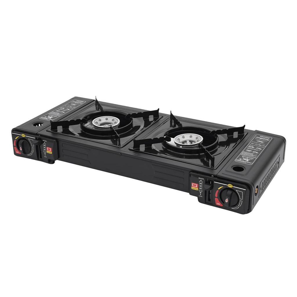 2 Burners-- Portable Camping Stove,     2.5KW Auto Ignition
Butane/LPG Gas  w/Baking Tray+Carrying Case for RV Outdoor Picnic BBQ