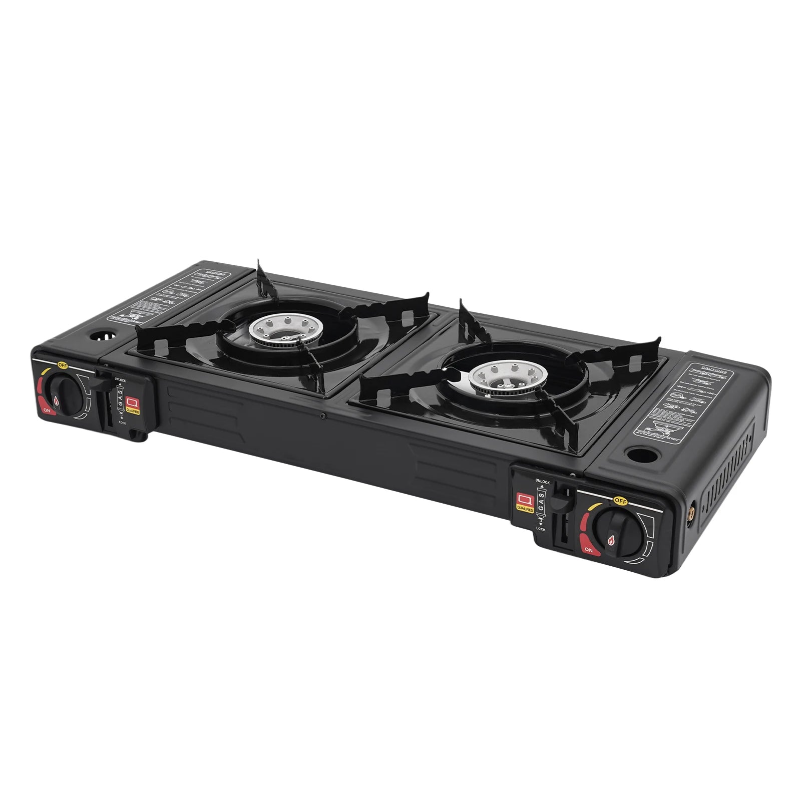 2 Burners-- Portable Camping Stove,     2.5KW Auto Ignition
Butane/LPG Gas  w/Baking Tray+Carrying Case for RV Outdoor Picnic BBQ
