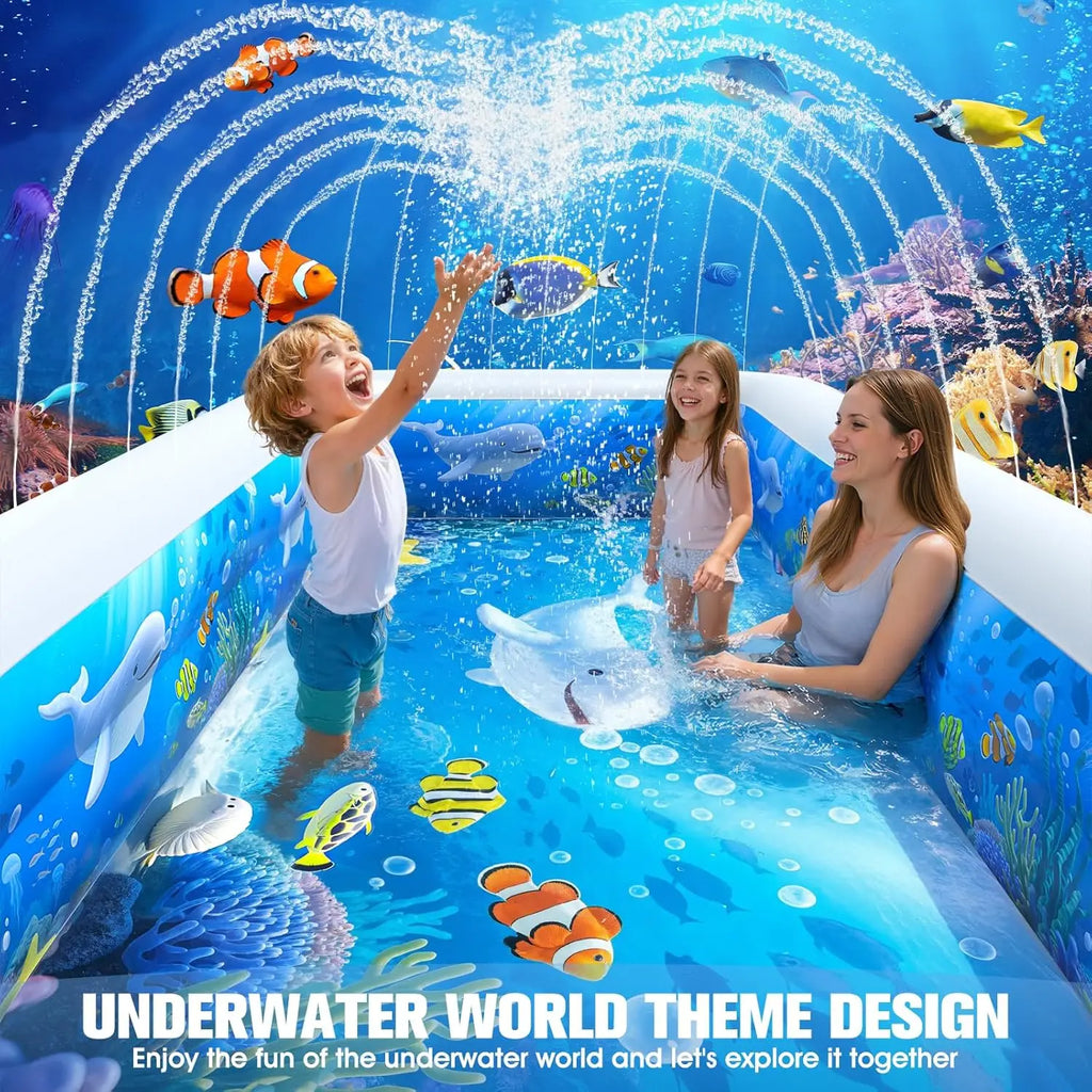 2026 Inflatable Pool with Sprinkler,
Durable Blow up Pool with Big Backrest,
 Rectangle Kids Pool Backyard,Children Swimming Pool,
