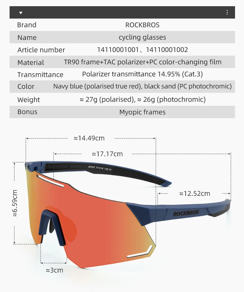 ROCKBROS Bicycle Glasses Polarized Photochromic Ultra-light Sunglasses Portable Comfortable Road Bike Eyewear Cycling Equipment