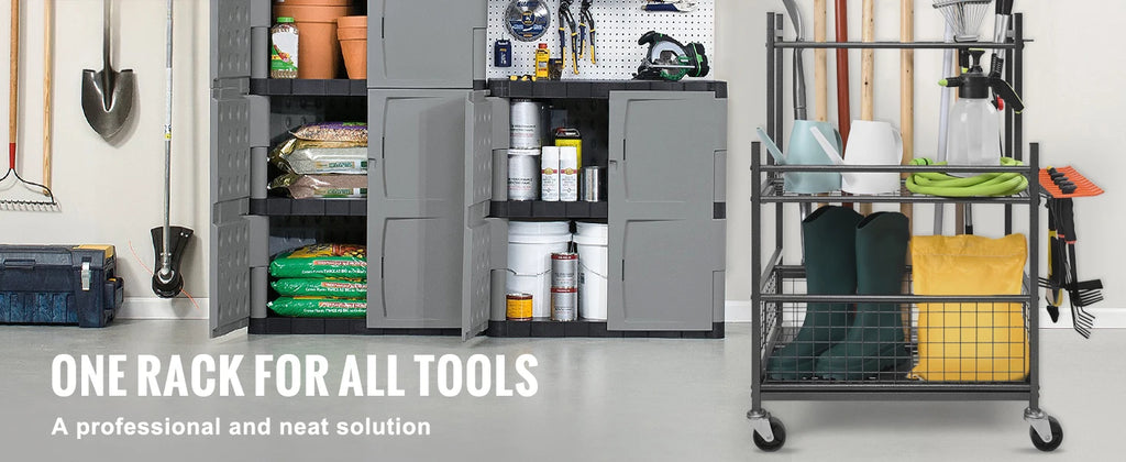 SucceBuy 16 Slots Garden Tool Organizer Yard Tool 
Tower Rack with Hooks Wheels 
Long-Handled Rake Stand Holder for Garage Storage