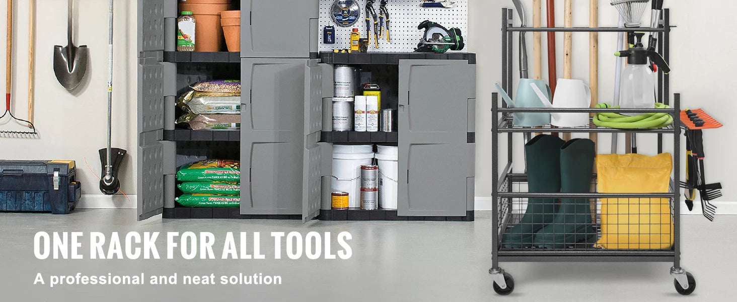 SucceBuy 16 Slots Garden Tool Organizer Yard Tool 
Tower Rack with Hooks Wheels 
Long-Handled Rake Stand Holder for Garage Storage