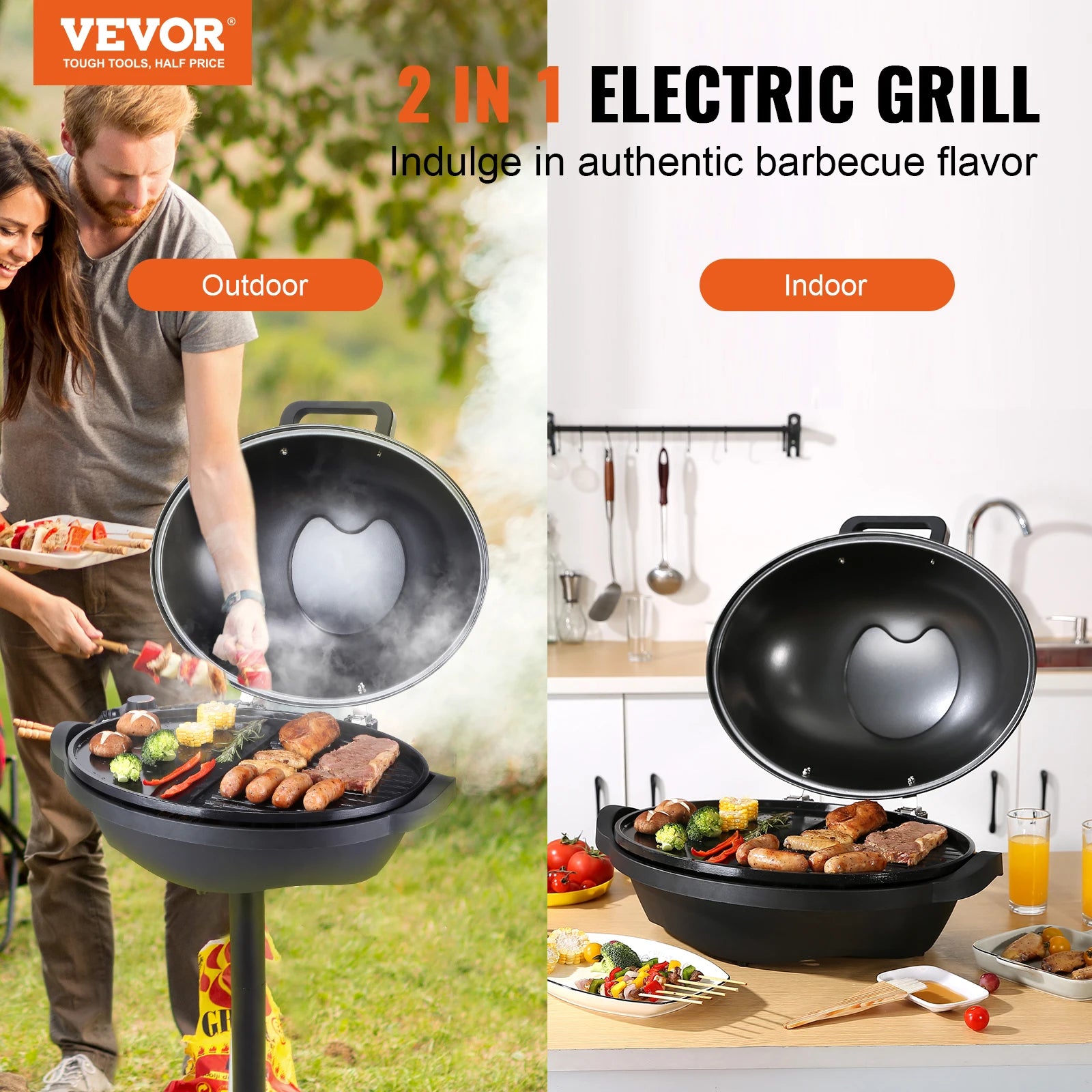 VEVOR Indoor/Outdoor Electric Grill, 1800W Electric BBQ Grill & 
2 Zone Grilling Surface Adjustable Temperature for Party Camping