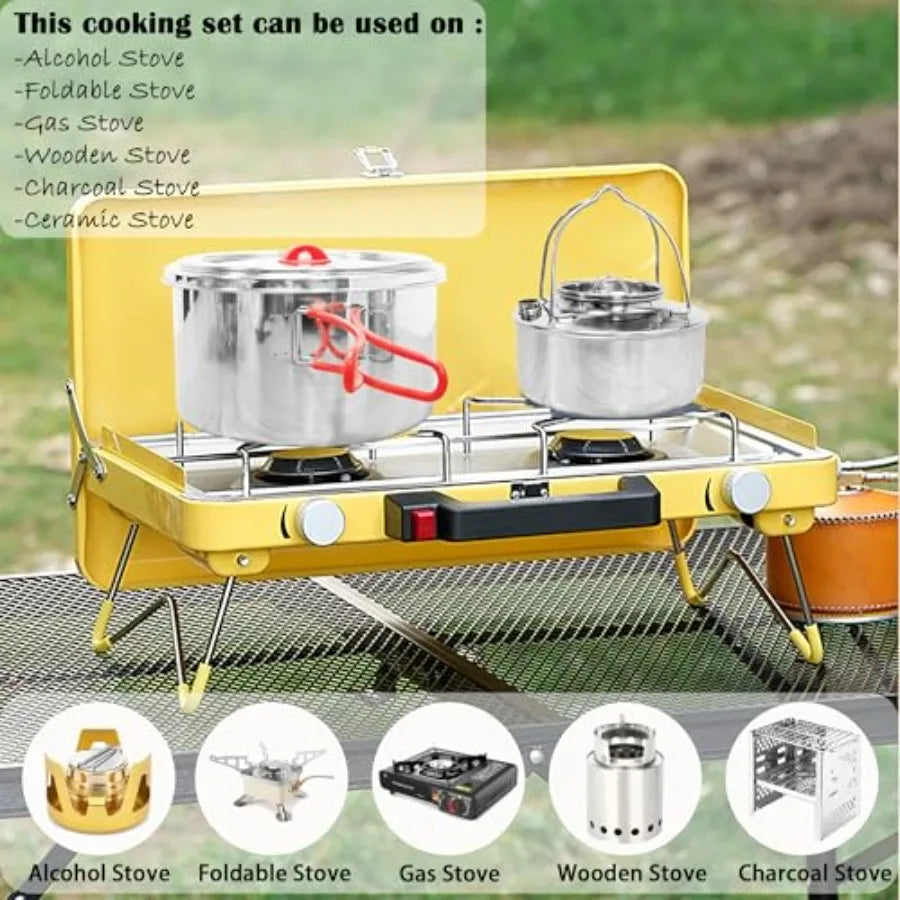 Portable 18/8 Stainless Steel Camping Cookware
 Set 11 Pcs Nesting Design Large City Pots and Pan with Kettle Compact for Picnics
