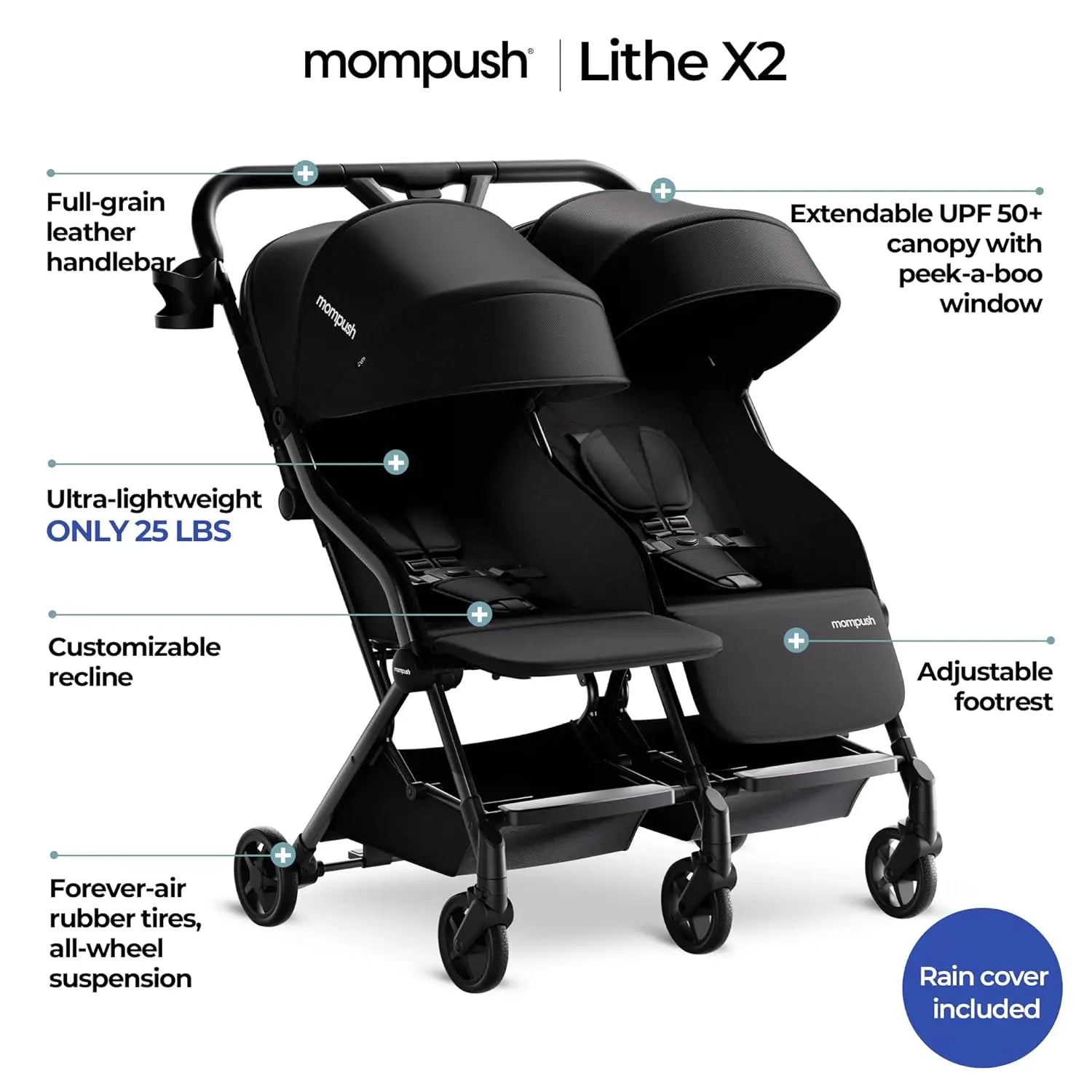 Lithe Double Stroller, Lightweight Side by Side Stroller,
 for Newborn and Toddler, Easy Fold, Spacious Seats with Recline, UPF50+