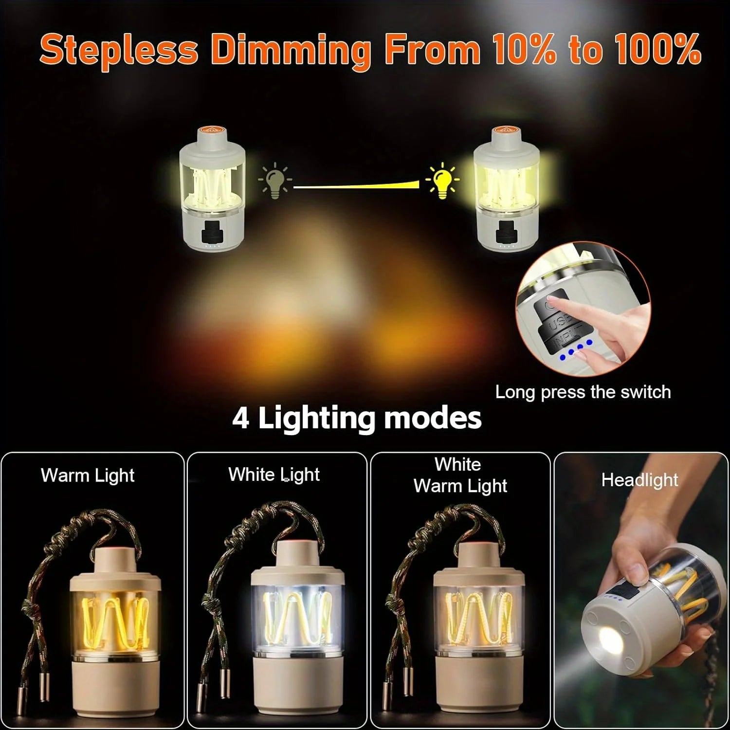 LED Camping Lantern Rechargeable, Cob Camping Lanterns Outdoor Flashlight, 3 Colors, Portable Battery Emergency Light, Suitable