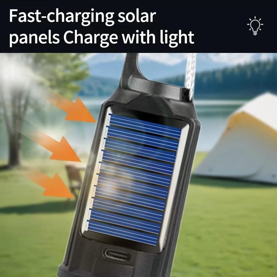 Solar Camping Light: Type-C, 3 Modes, 
Waterproof. Portable for Hiking & Emergencies.