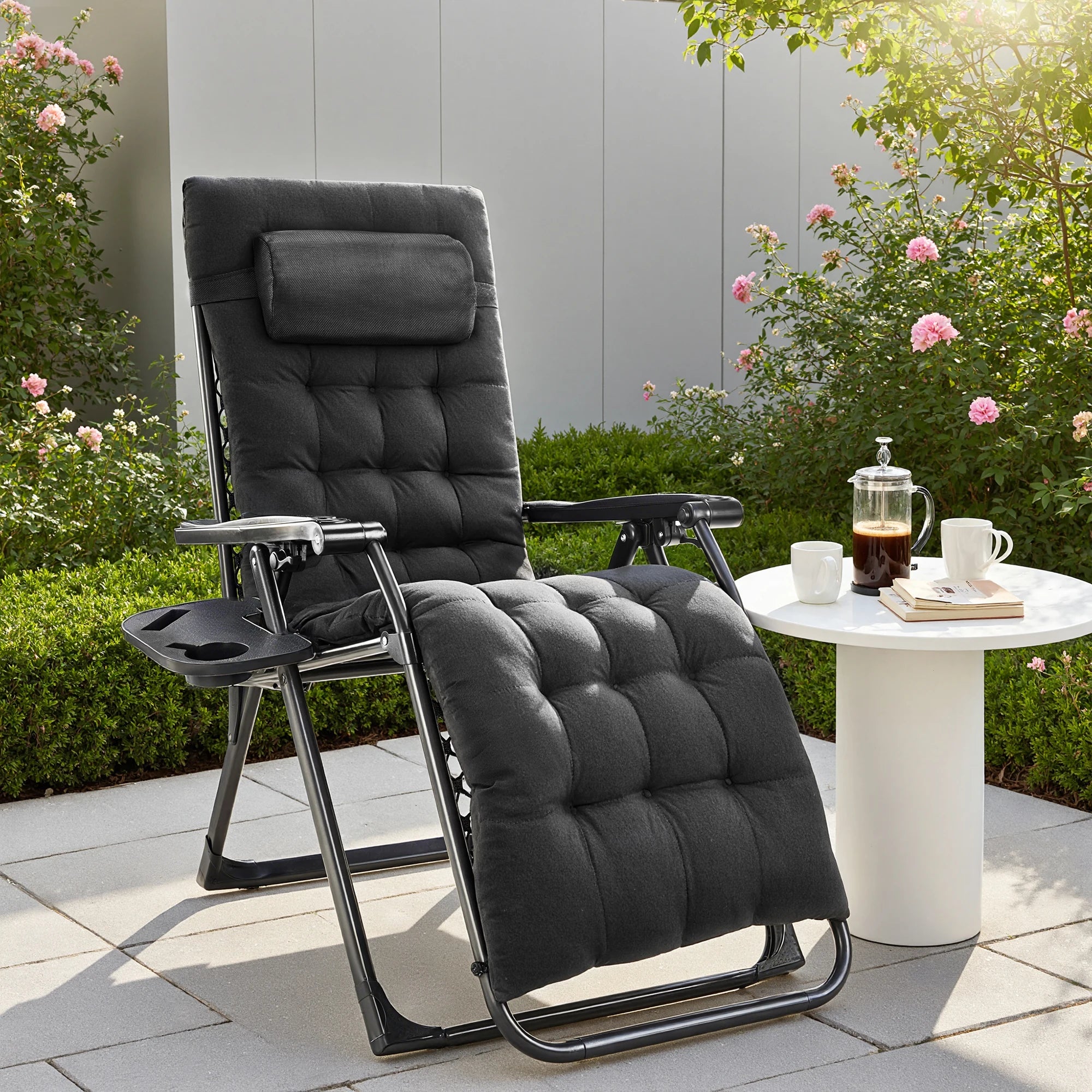 Zero Gravity Set of 2 Portable Recliners
Camping ,Patio , Outdoor Garden Lounge Chair with Cup Holder ,Trays & Adjustable Pillow