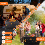 26 Inch Square Wood Burning Fire Pit with Cooking Grill & Spark Screen for Outdoor BBQs - Premium Steel Construction