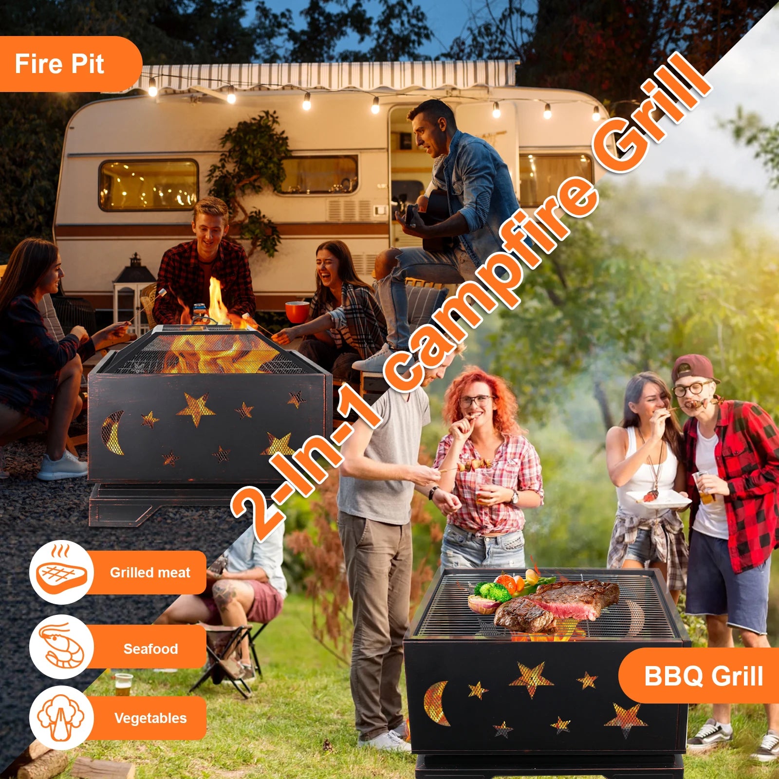 26 Inch Square Wood Burning Fire Pit with Cooking Grill & Spark Screen for Outdoor BBQs - Premium Steel Construction