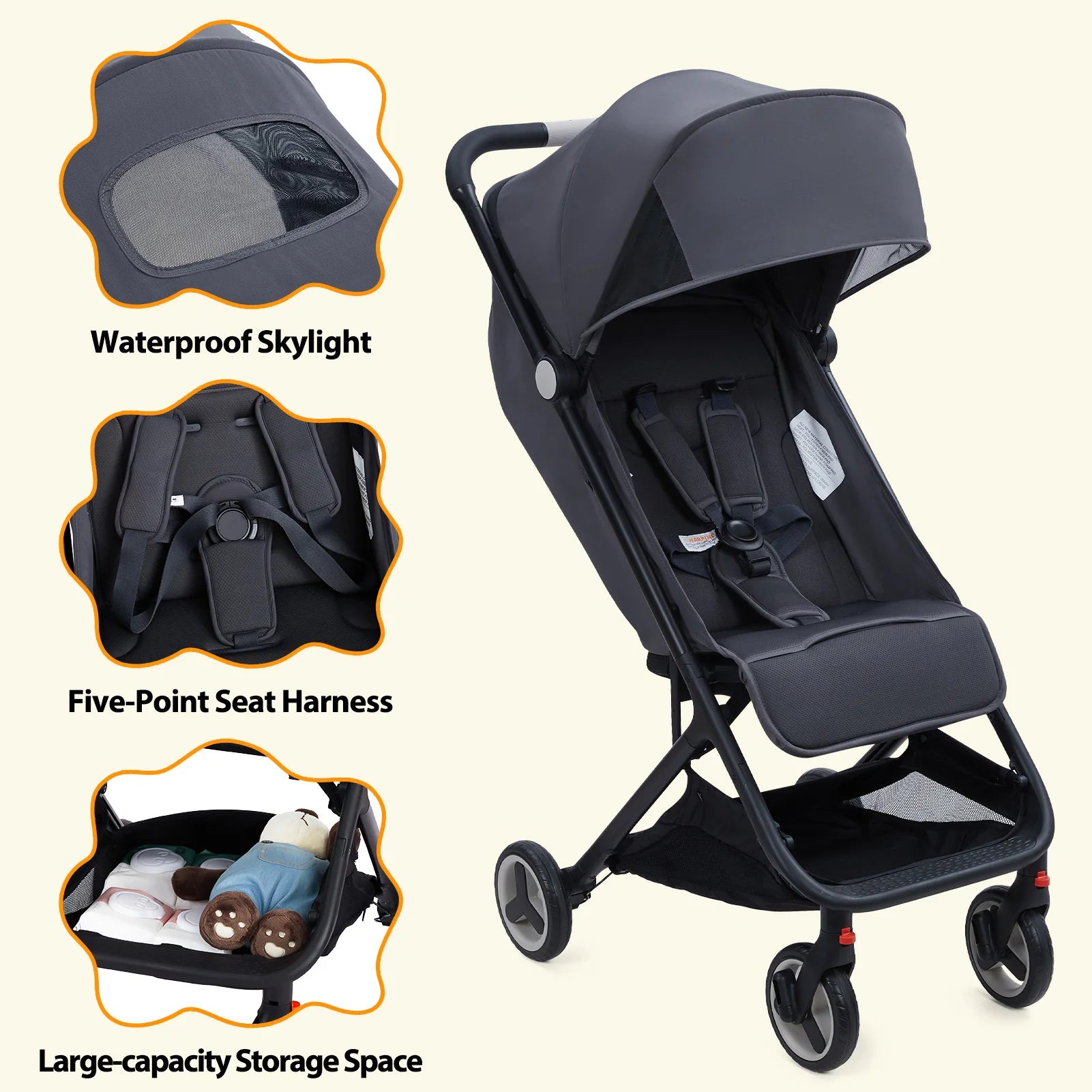 Lightweight Baby Stroller, Compact 
Umbrella Stroller with Adjustable Canopy/Footrest/Backrest,
One-Hand Folding Newborn Stroller