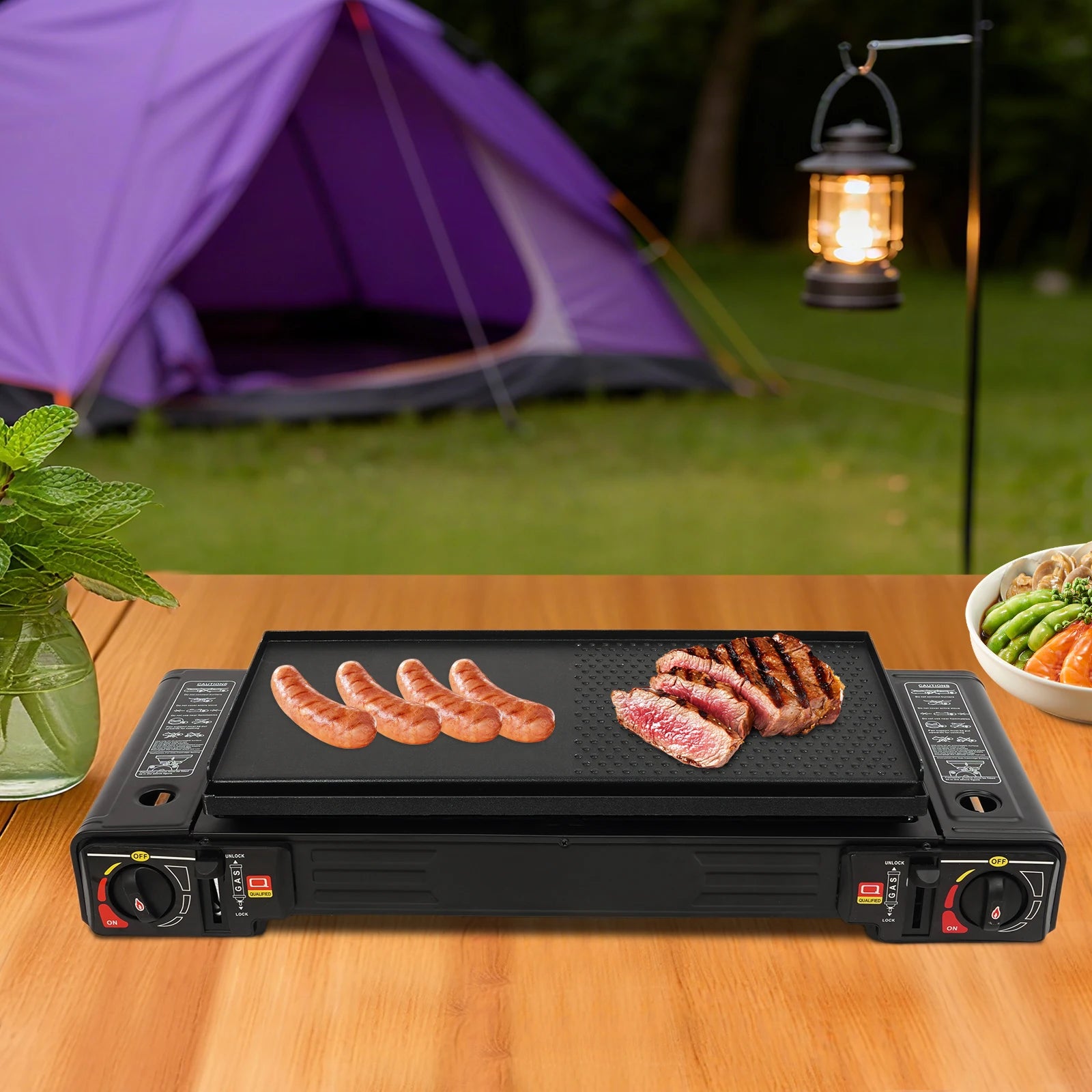 2 Burners-- Portable Camping Stove,     2.5KW Auto Ignition
Butane/LPG Gas  w/Baking Tray+Carrying Case for RV Outdoor Picnic BBQ