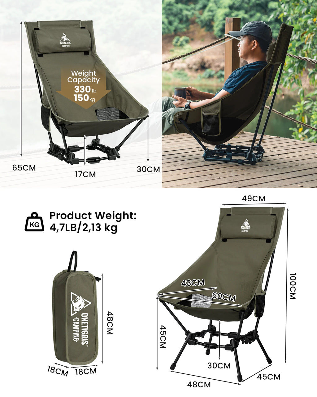 OneTigris Portable Camping Chair. 
Outdoor ,High Back, For Fishing , BBQ,  Parties Indoor Use
