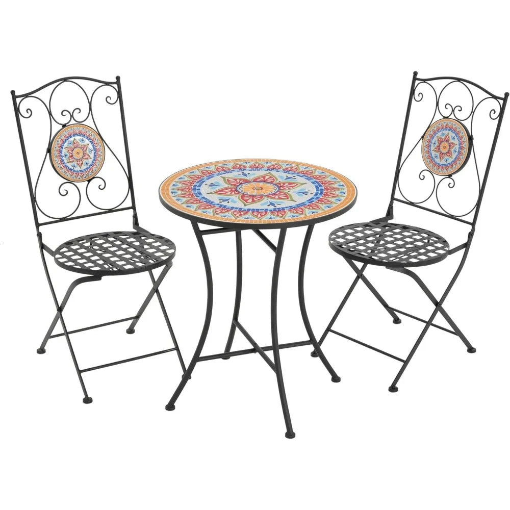 Dorin Patio , with Ceramic Tile and Iron Frame Bistro Set,. 
2-Seater , Round Top Table+Chairs Set for Garden/Balcony, Poolside, Foldable