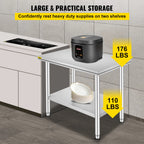 VEVOR Kitchen Work Bench.
Commercial Catering Table with Undershelf Stainless Steel 330LBS 286LBS for Restaurant Garage
