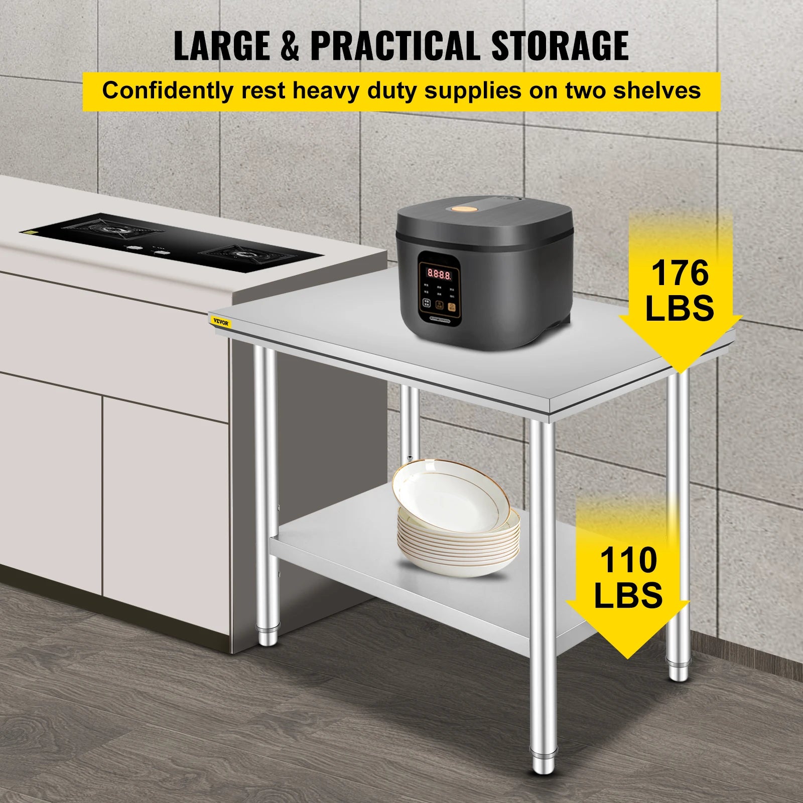 VEVOR Kitchen Work Bench.
Commercial Catering Table with Undershelf Stainless Steel 330LBS 286LBS for Restaurant Garage