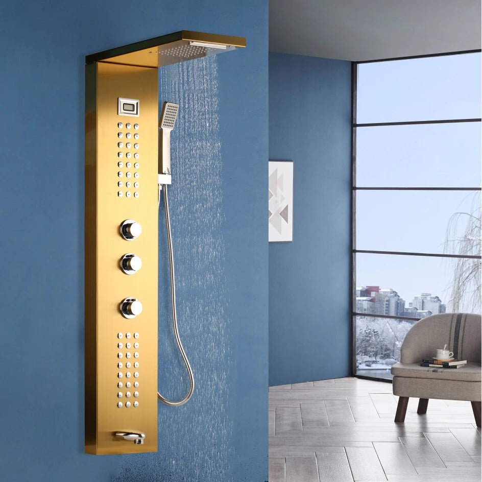 KEMAIDI Multifunctional Shower Panel Tower with Rainfall Waterfall Bathroom Shower Column Bath Shower Systerm W/ Massage Jets