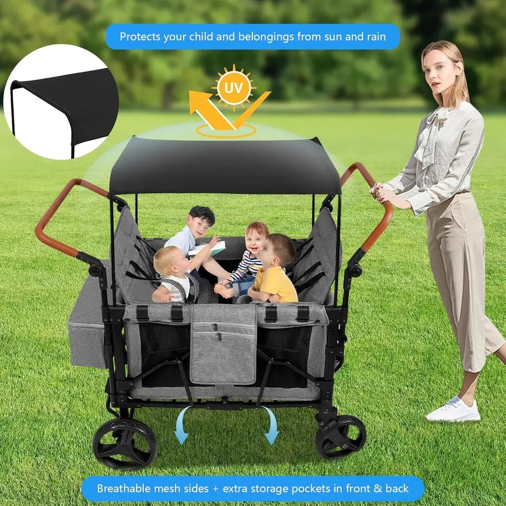 All-Terrain 4-Child Wagon Stroller
 with Removable 5-Point Harness and Storage Organizer, 
Suitable for Outdoor Activities