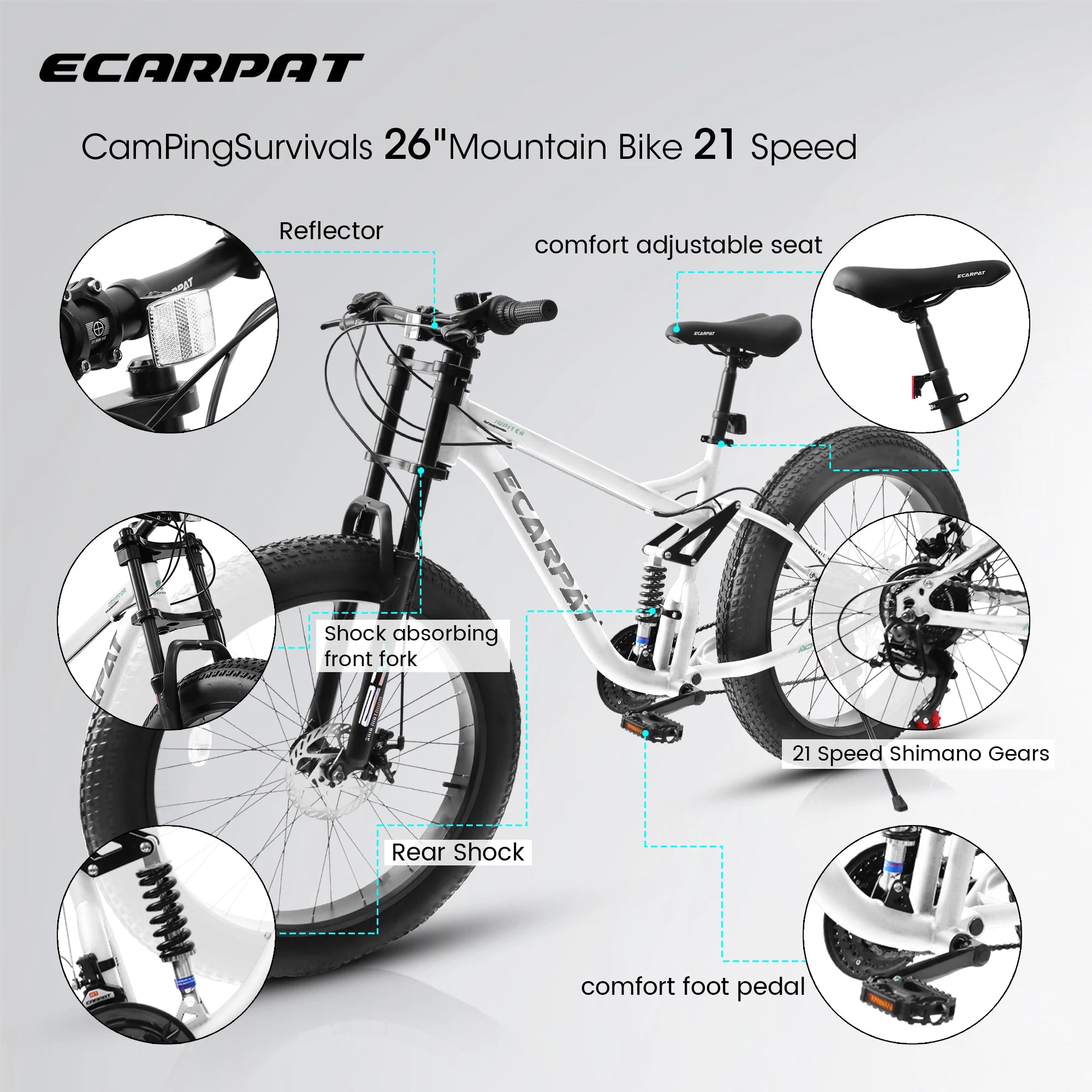 26 inch Mountain Bike, Full-Suspension 21 Speeds Drivetrain with Disc-Brake MTB Bicycle, 4" Fat tire Bike for Men or Women.