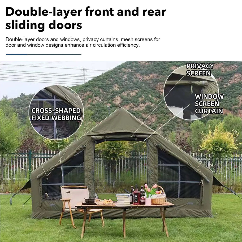 Army Green Waterproof Windproof Inflatable Tent 
for Camping,       4 Season Air Glamping Tent House with Chimney Opening,
AC Vent
