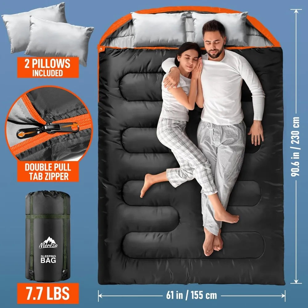 Two-Person XL Queen Size Sleeping Bag for Adults with Pillow, 
All-Season Camping Hiking Backpacking