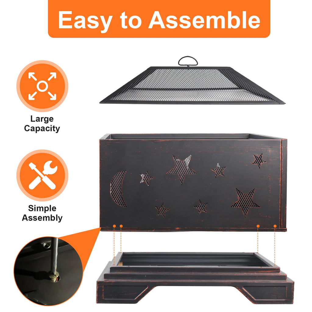 26 Inch Square Wood Burning Fire Pit with Cooking Grill & Spark Screen for Outdoor BBQs - Premium Steel Construction