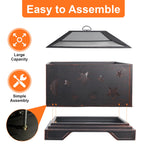 26 Inch Square Wood Burning Fire Pit with Cooking Grill & Spark Screen for Outdoor BBQs - Premium Steel Construction