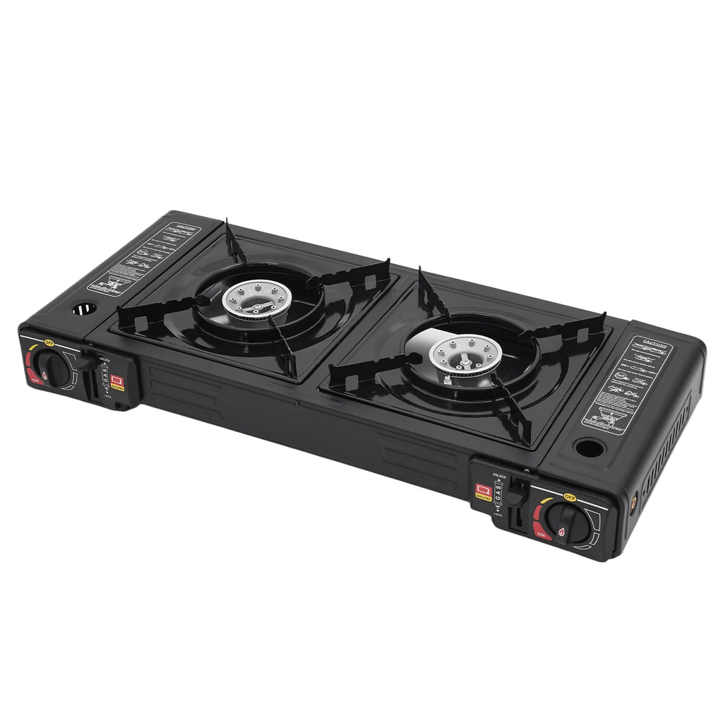 2 Burners-- Portable Camping Stove,     2.5KW Auto Ignition
Butane/LPG Gas  w/Baking Tray+Carrying Case for RV Outdoor Picnic BBQ