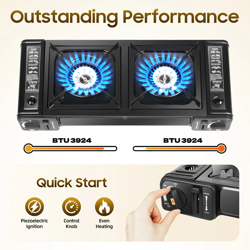 Butane Gas Camping Stove 
Dual Burner Portable Outdoor Grill for Picnic Hiking Trekkin