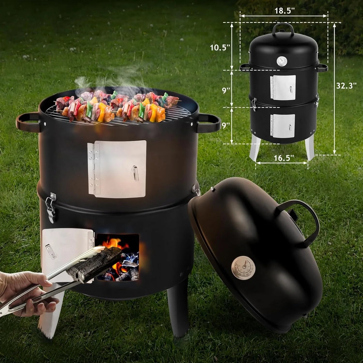 Vertical 18.5 Inch Steel Charcoal Smoker, 
Heavy Duty 3-in-1 Portable Outdoor Grill Cooker with Built-in Thermometer