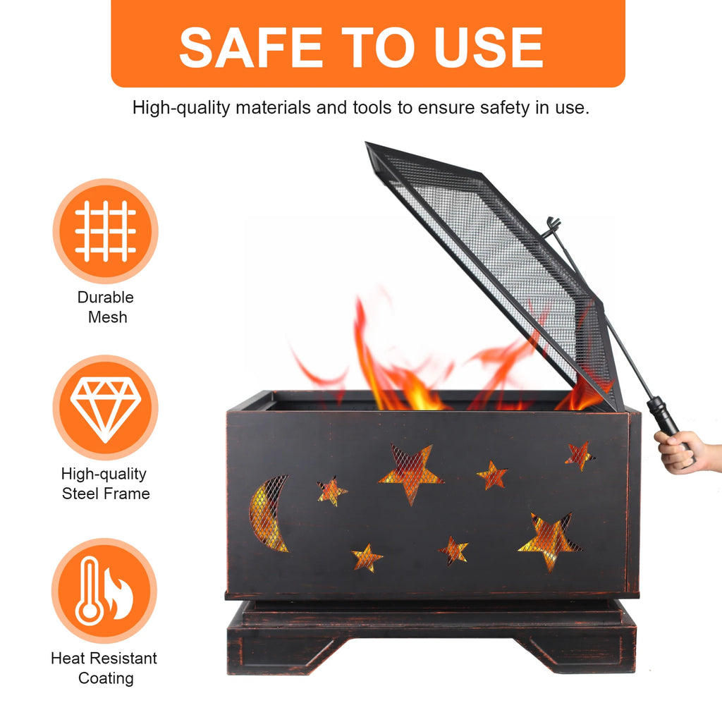 26 Inch Square Wood Burning Fire Pit with Cooking Grill & Spark Screen for Outdoor BBQs - Premium Steel Construction