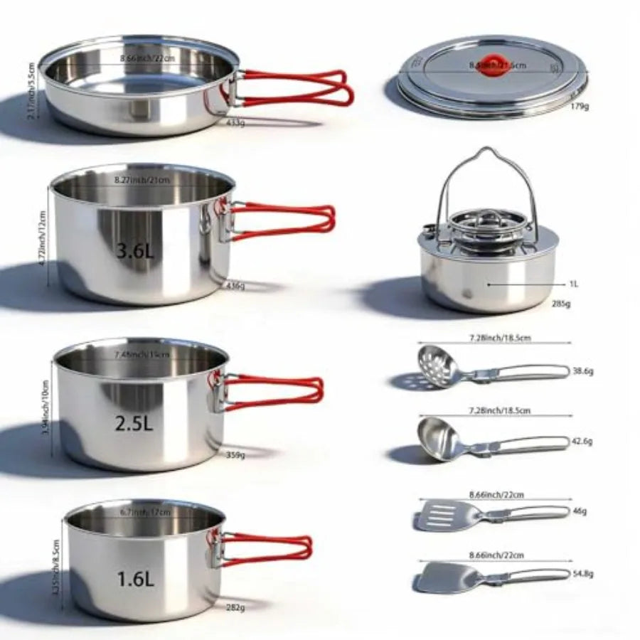 Portable 18/8 Stainless Steel Camping Cookware
 Set 11 Pcs Nesting Design Large City Pots and Pan with Kettle Compact for Picnics