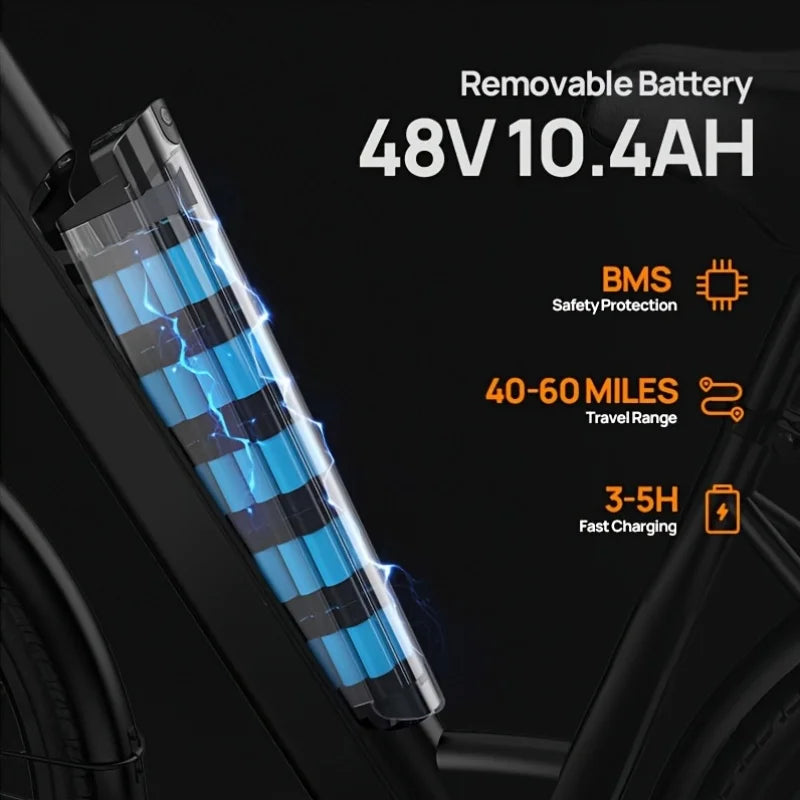 Peak 750W E26 Electric Bike for Adults | 48V 10.4Ah 
Removable Battery, Top Speed 20MPH, 26''X2" Standard Tire, 7-Speeds