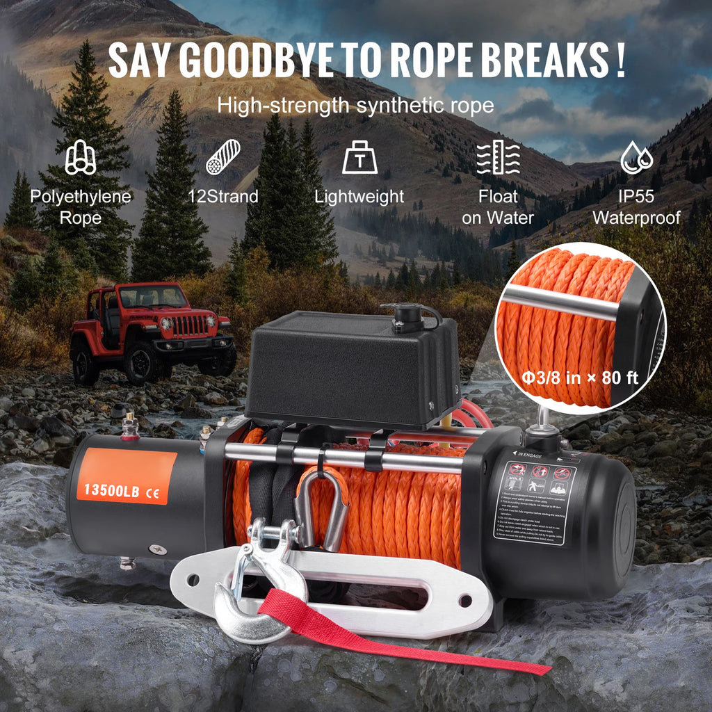 SucceBuy 13500lbs Electric Winch 
Car, Truck  with 80ft Synthetic Rope 
Wireless & Wired Remote Control for Towing Off-Road