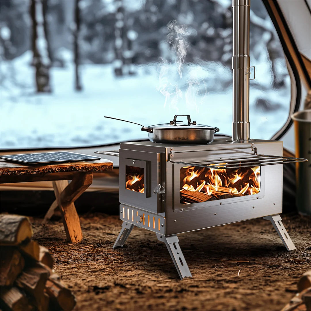 Hot Tent Stove,  , Portable Wood Stove with 6 Stainless Chimney Pipes for Outdoor Heating & Cooking