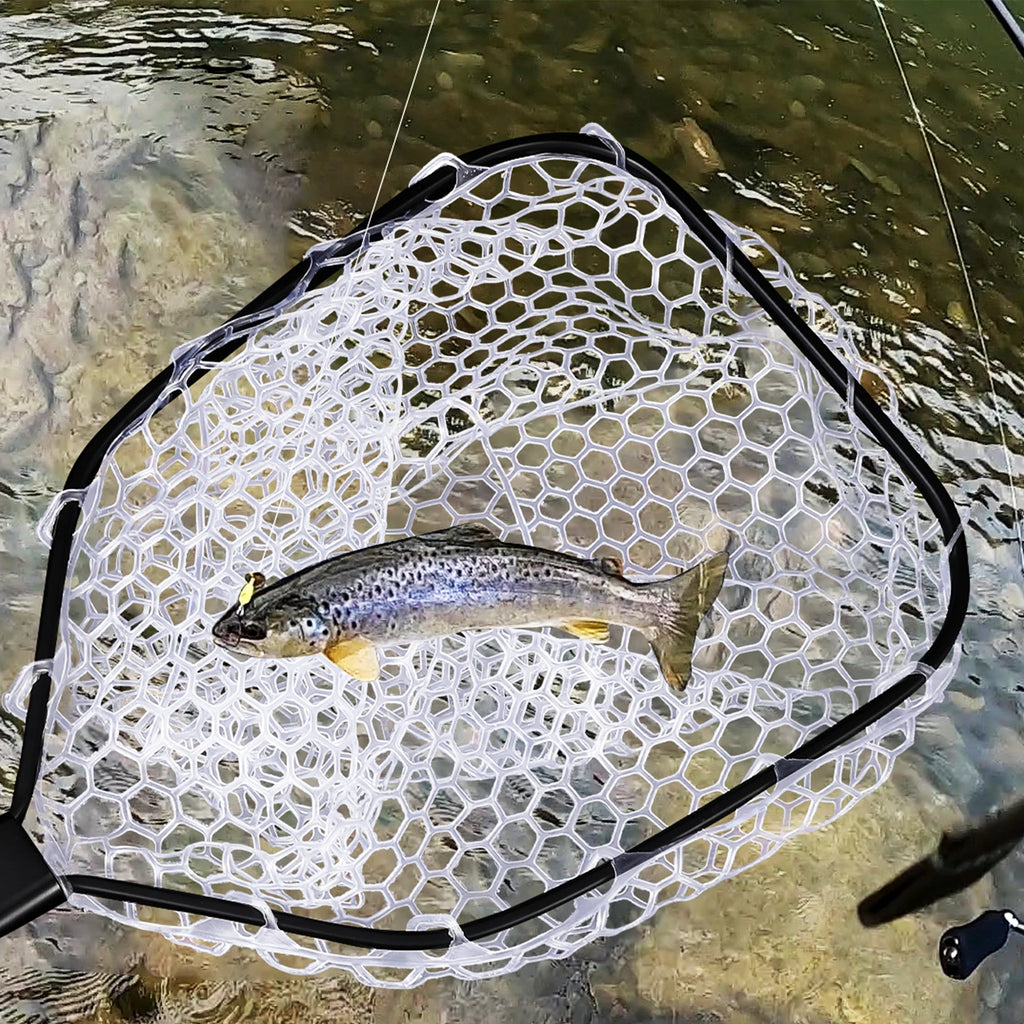 Foldable Fish Net for Trout Fly Fishing Landing Net with Handle 
Soft Rubber Mesh for Stream Shore Fishing