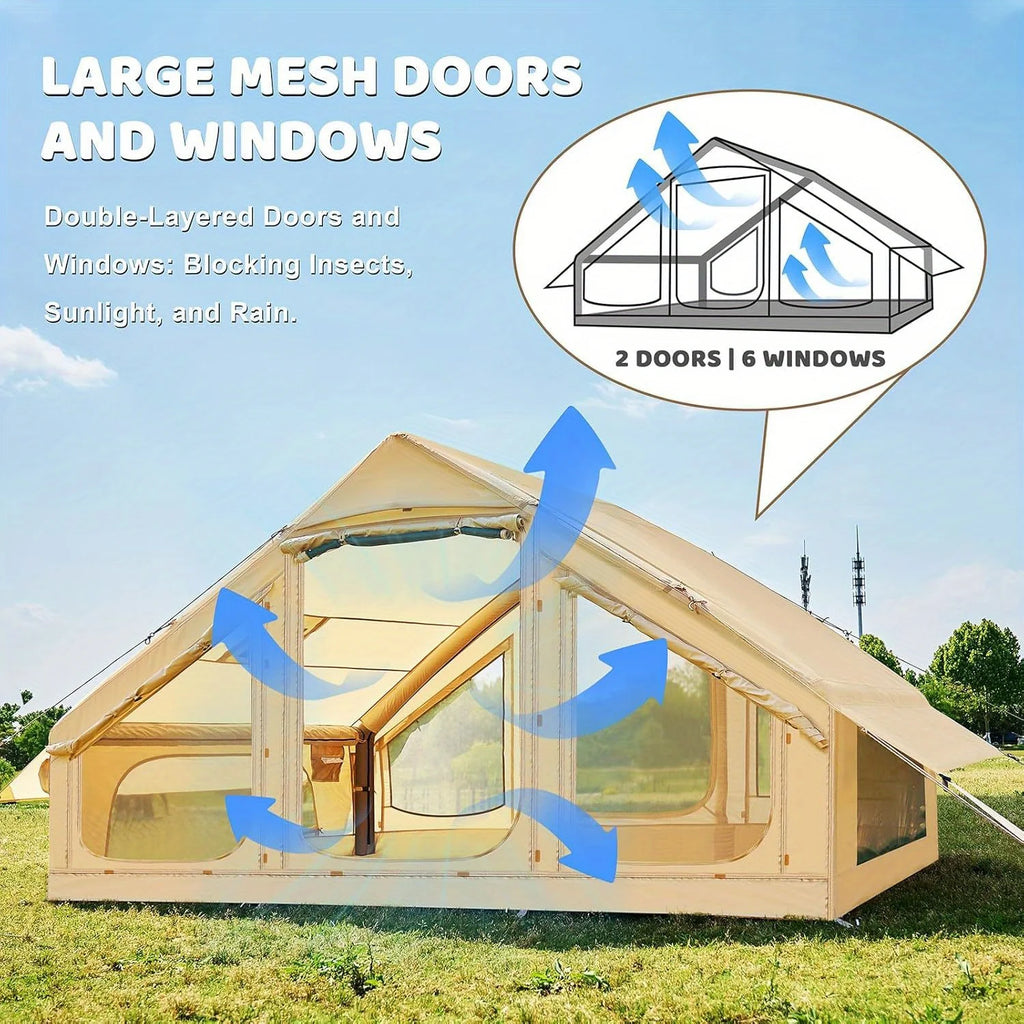 Inflatable tent camping for 1-6 people, hand pump inflation large tent, with skylight and chimney waterproof oxford cloth all