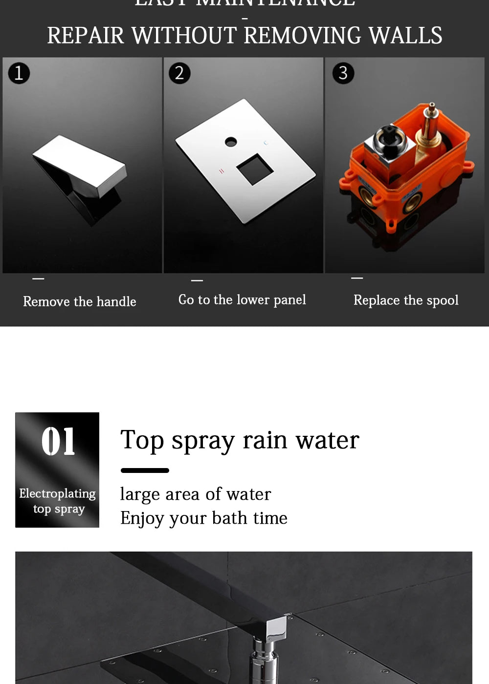 Black Concealed Shower System
Rain Waterfall Bathroom Embedded Shower Faucet Set with Tub Spout