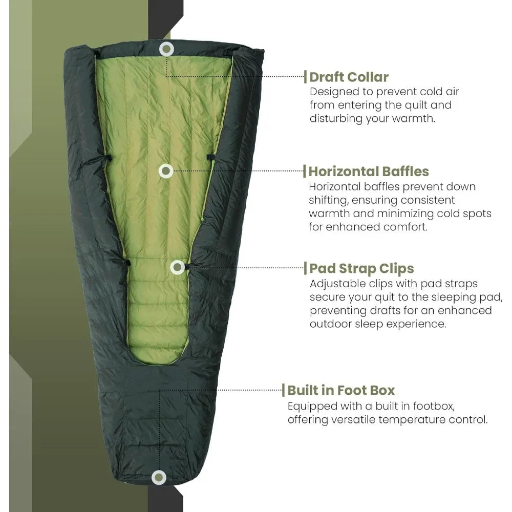 Ultralight 850 Fill Down Sleeping Bag Top Quilt 
for Backpacking and Camping Comfort