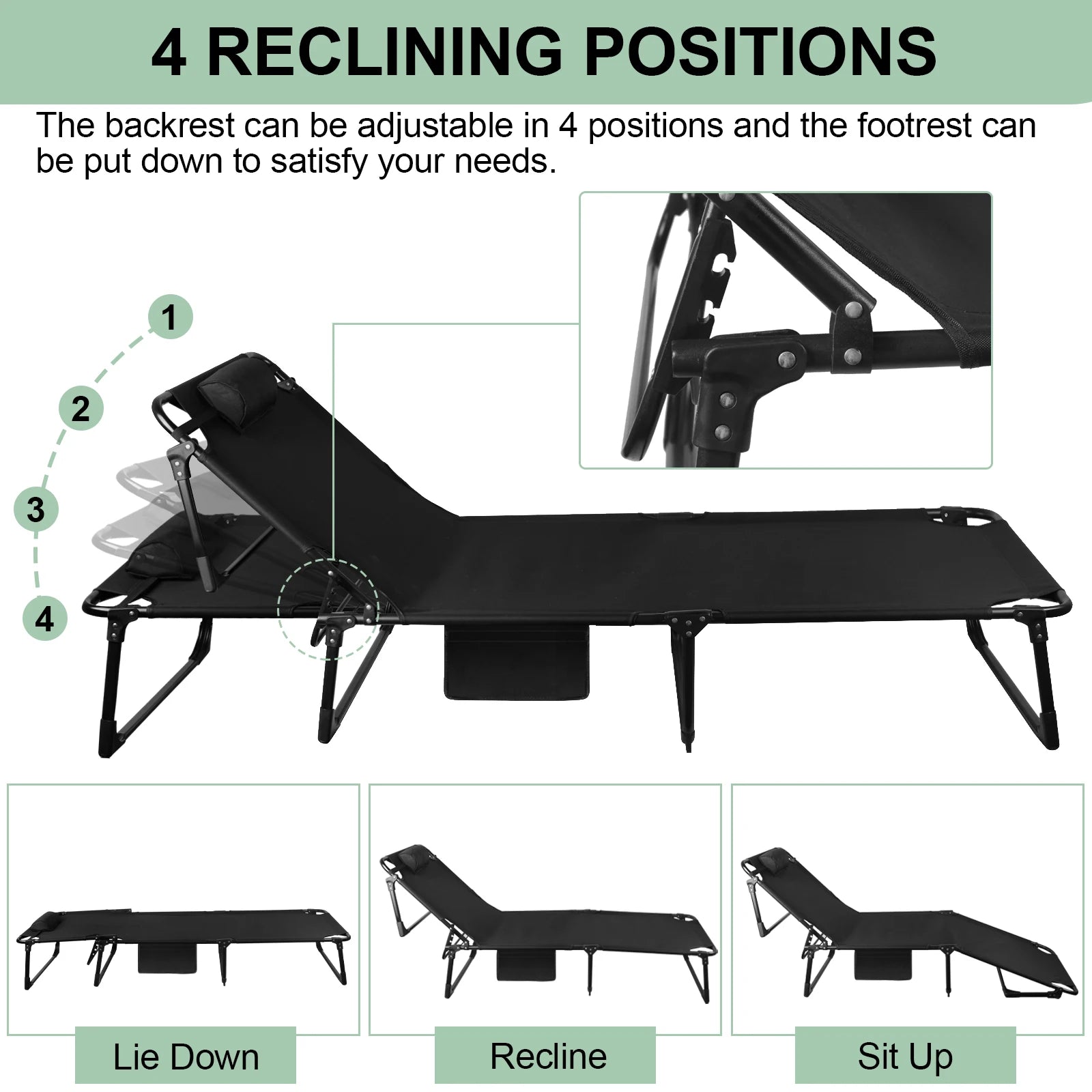Portable Folding Camping Cot -
3-Position Adjustable Reclining Lounge Chair
 with Pillow, Outdoor Sleeping Bed (68cm Wide)